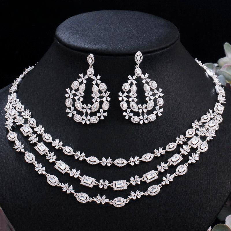 Luxury Shiny Dubai Cubic Zirconia Pave Layered Wedding Necklace Earrings Bridal Jewelry Sets Costume Accessories - WELLQHOME