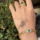 Bling White Gold Color Green Cubic Zirconia Cuban Link Chain Bracelet and Ring Set - WELLQHOME