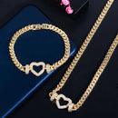 Brazilian Gold Color Cuban Link Chain Love Heart Charm CZ Necklace Bracelet Bangle Jewelry Sets for Women Gift - WELLQHOME