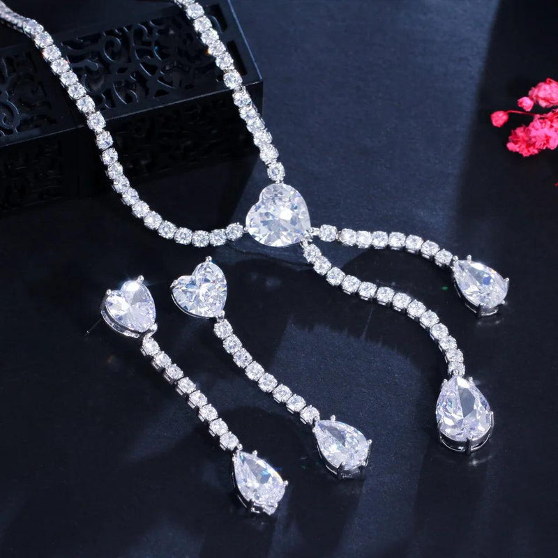 Cubic Zirconia Tassel Drop Women Party Engagement Wedding Costume Necklace and Earring Bridesmaid Jewelry Sets - WELLQHOME