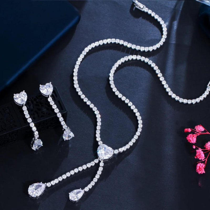 Cubic Zirconia Tassel Drop Women Party Engagement Wedding Costume Necklace and Earring Bridesmaid Jewelry Sets - WELLQHOME