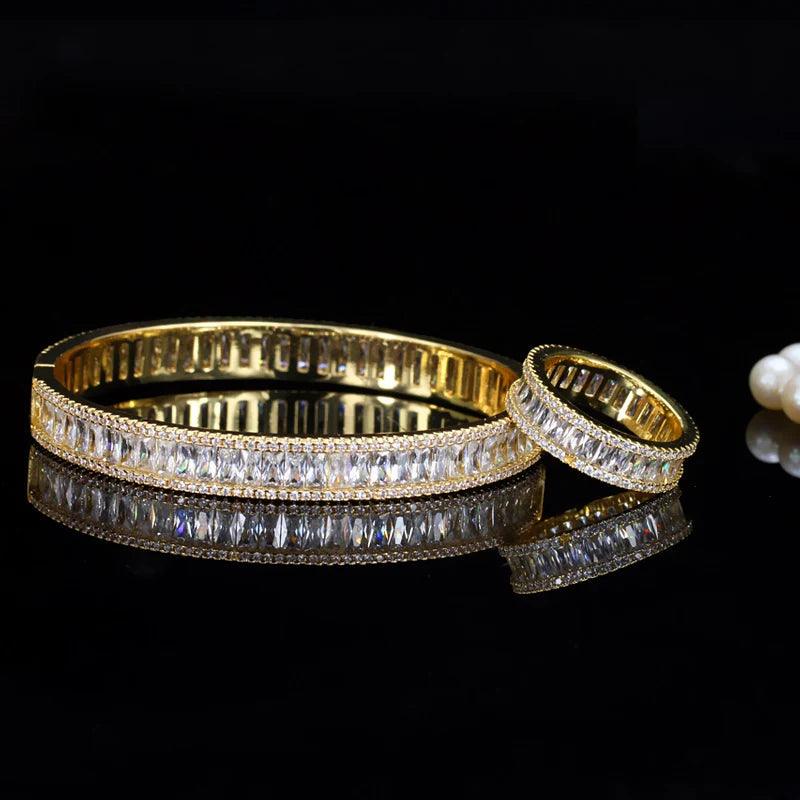 Elegant Light Yellow Gold Color AAA Baguette Cubic Zirconia Round Fashion Ring And Bangle Bracelet Jewelry Set - WELLQHOME