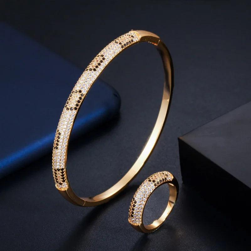 Fashion Brand Rose Gold Color Round Cobra Slim CZ Open Bangle Bracelet and Rings Set - WELLQHOME