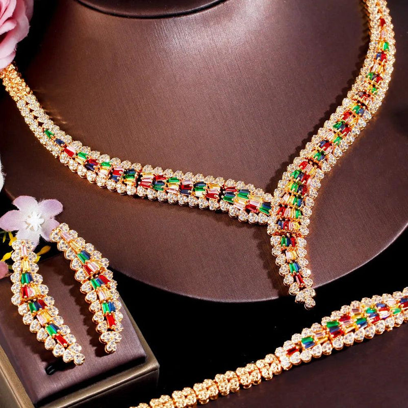 Heavy Stone Work Colorful Cubic Zirconia Luxury 4pcs Wedding Jewelry Set - WELLQHOME