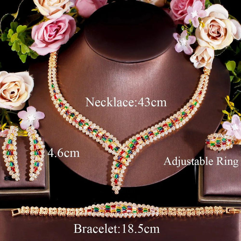 Heavy Stone Work Colorful Cubic Zirconia Luxury 4pcs Wedding Jewelry Set - WELLQHOME