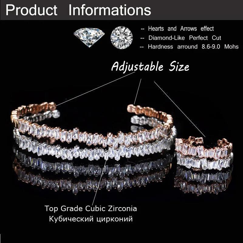 New Fashion Rose Gold Color Baguette Cubic Zirconia Cuff Bracelet Bangle And Ring Sets - WELLQHOME