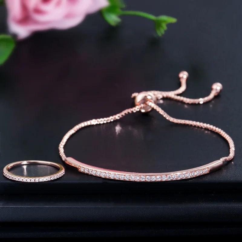 Simple Fashion Brand Ladies Jewelry Rose Gold Color Bar Cubic Zirconia Ring and Bracelet Set - WELLQHOME