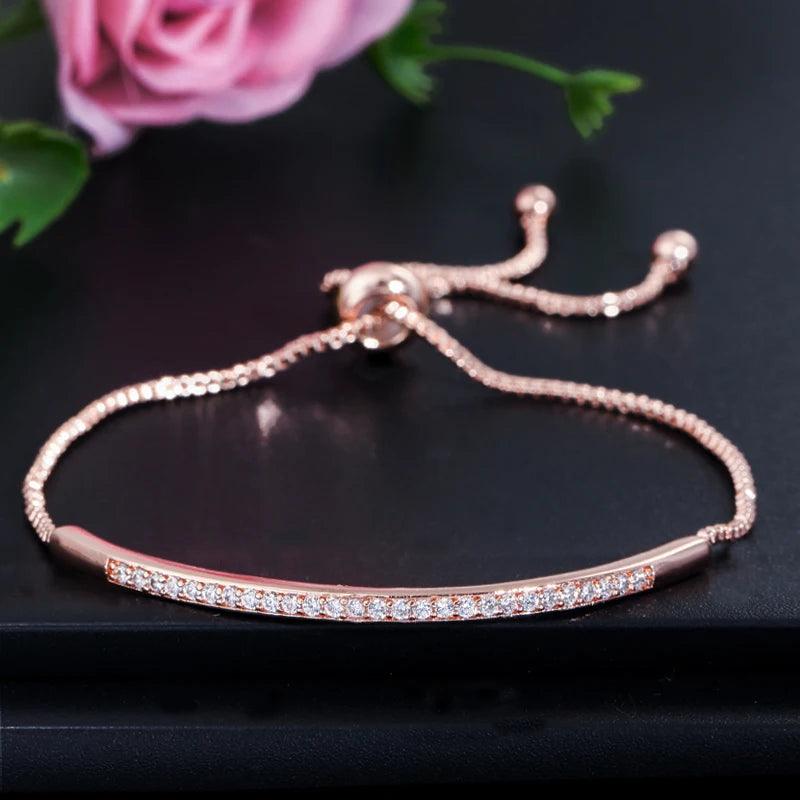 Simple Fashion Brand Ladies Jewelry Rose Gold Color Bar Cubic Zirconia Ring and Bracelet Set - WELLQHOME