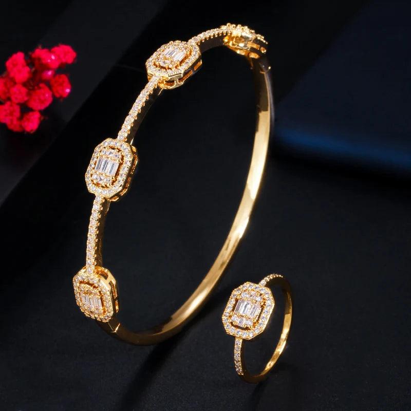 Stackable Square Cubic Zirconia Rose Gold Color Cuff Bangle Braclet Ring Set - WELLQHOME