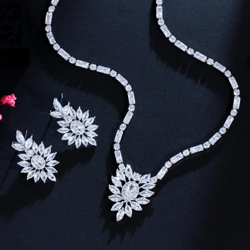 Stunning Cubic Zirconia Leaf Flower Necklace and Earrings Luxury Bridal Party Jewelry Set for Wedding Evening - WELLQHOME
