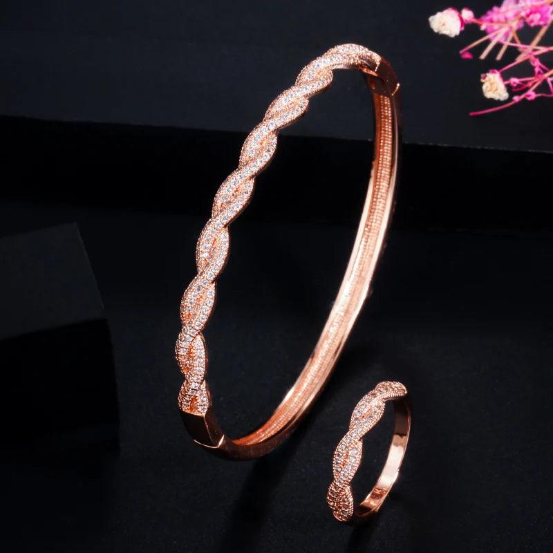 Twist Lines Cubic Zirconia Dubai Rose Gold Color Open Cuff Bridal African Bracelet Bangle and Ring Jewelry Set - WELLQHOME