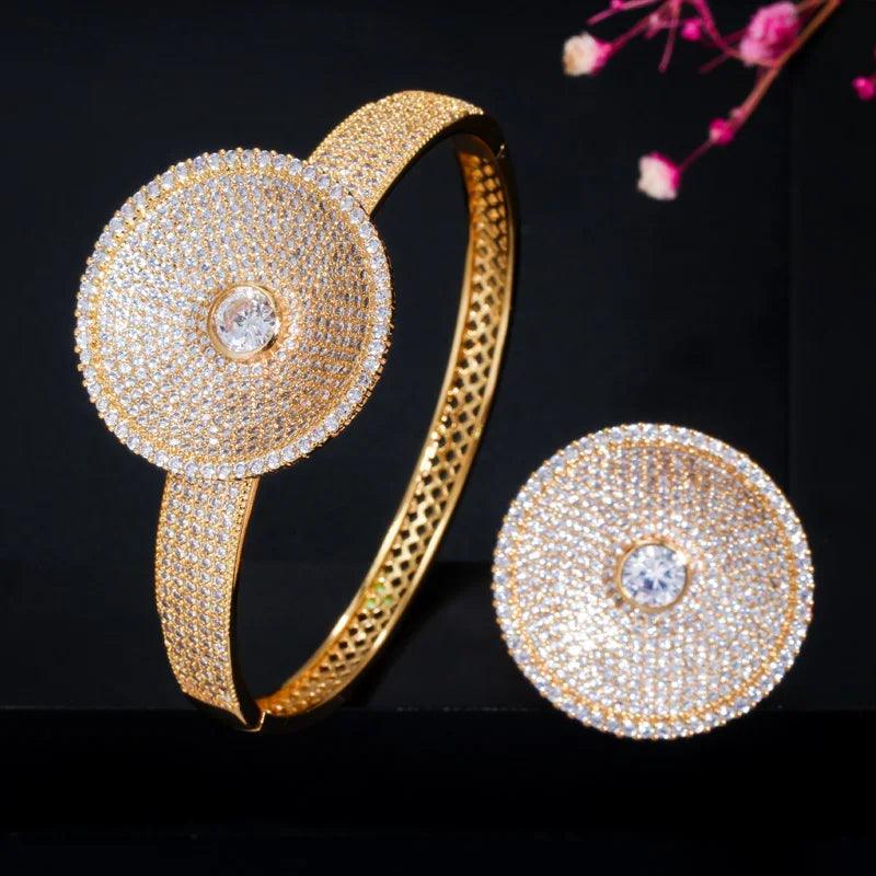 Cubic Zircon Stone Dubai Gold Plated Big Wide Round Women Wedding Party Bangle Rings Jewelry Set - WELLQHOME