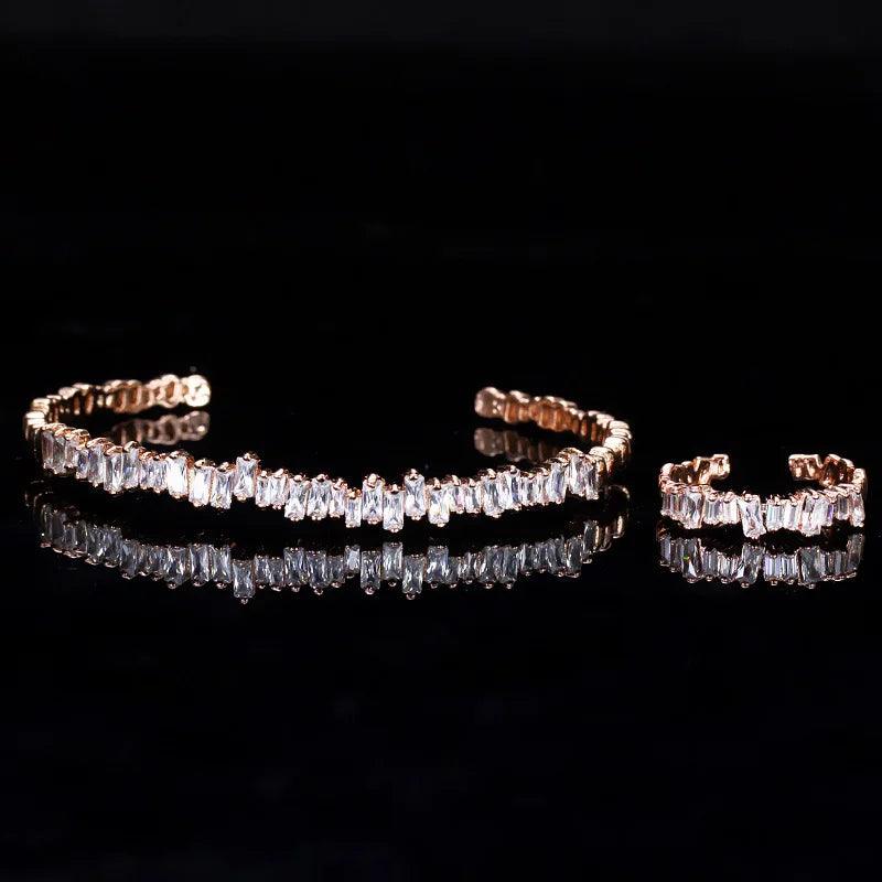 New Fashion Rose Gold Color Baguette Cubic Zirconia Cuff Bracelet Bangle And Ring Sets - WELLQHOME