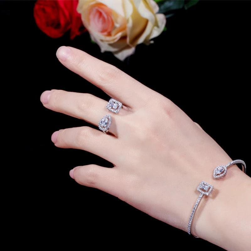 Fashion Ladies Jewelry Set Micro Pave CZ Stone Cuff Bracelet Bangle Rings Earrings - WELLQHOME