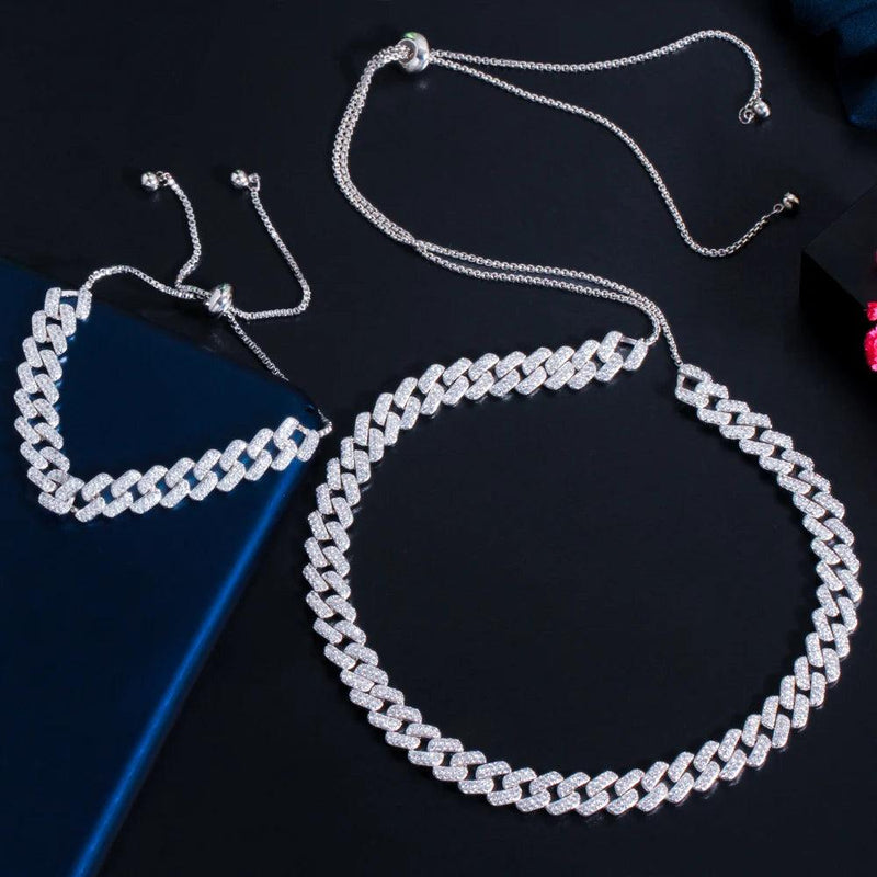 Adjustable Size Bling CZ Zirconia Punk Hip Hop Cuban Link Chain Choker Necklace Bracelet Jewelry Sets for Women - WELLQHOME