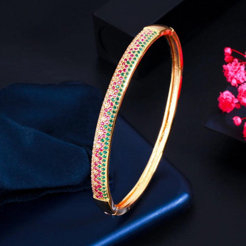 Micro Pave Red Green Cubic Zirconia Stone Gold Color Round Engagement Party Bangle Ring Jewelry Set - WELLQHOME