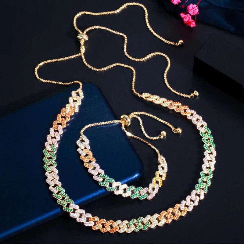 Adjustable Size Bling CZ Zirconia Punk Hip Hop Cuban Link Chain Choker Necklace Bracelet Jewelry Sets for Women - WELLQHOME