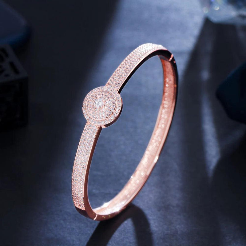 African Cubic Zirconia Round Open Cuff Rose Gold Plated Wedding Bracelet Bangle and Ring Jewelry Set - WELLQHOME