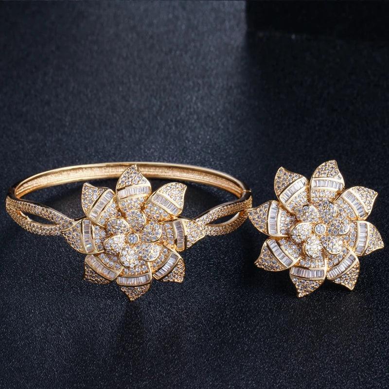 Sparkling Sun Flower Yellow Gold Silver Color Luxury Dubai Wedding Party Big CZ Bangle and Rings Jewelry Set - WELLQHOME
