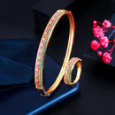 Micro Pave Red Green Cubic Zirconia Stone Gold Color Round Engagement Party Bangle Ring Jewelry Set - WELLQHOME