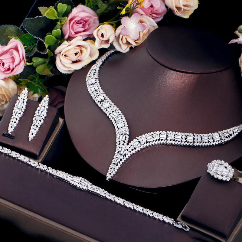 4pcs Elegant Sparkling African White Cubic Zirconia Wedding Evening Party Jewelry Sets for Brides Accessories - WELLQHOME