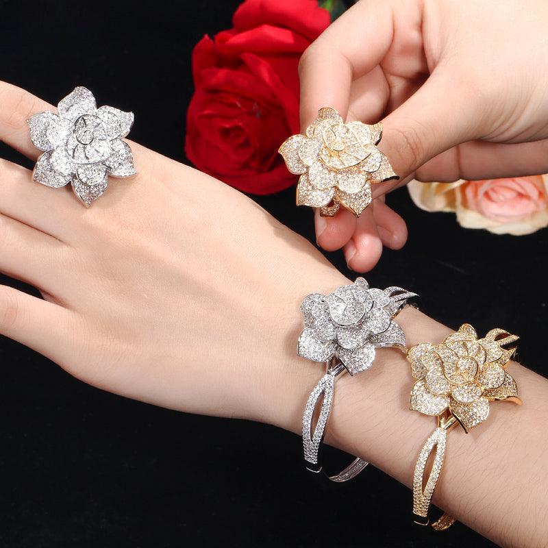 Yellow Gold Color Heart Shape Flower Bridal Wedding Party CZ Bangle Bracelets and Rings Set - WELLQHOME