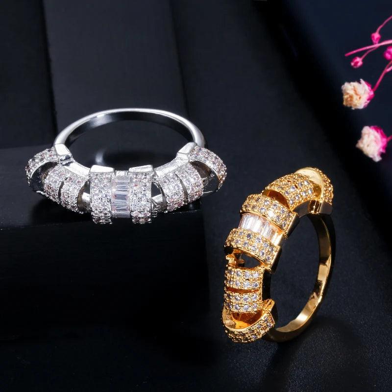 Gold Plated CZ Round Cuff Bangle Bracelet Ring Set - WELLQHOME
