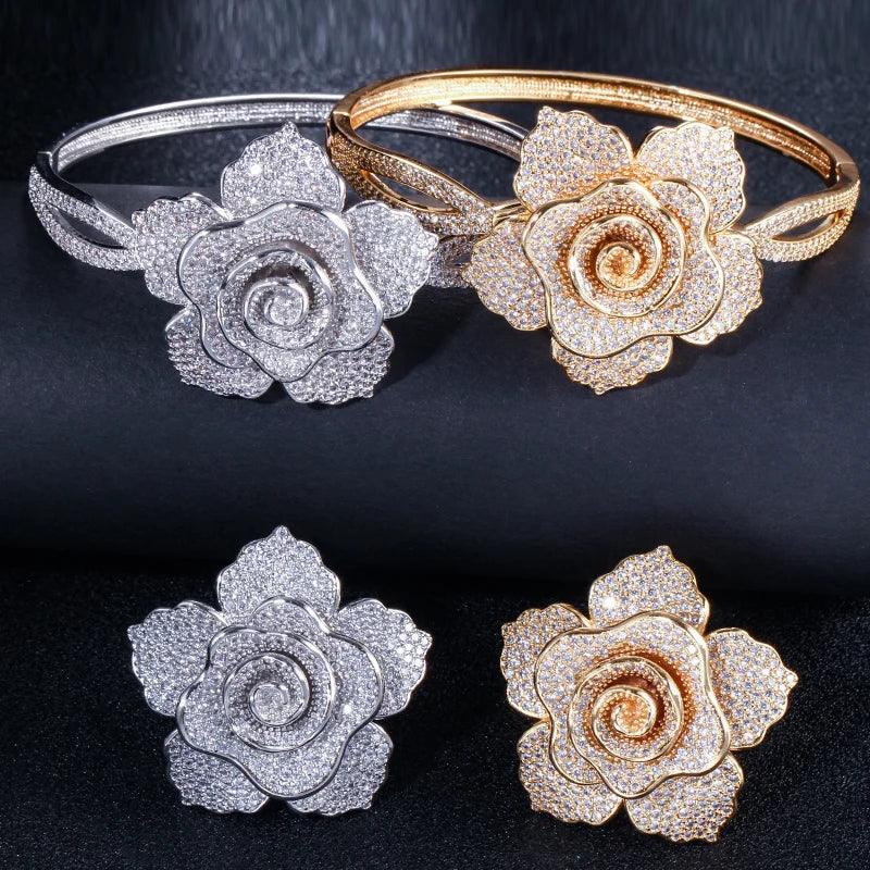 Luxury Cubic Zirconia Large Geometric Flower Women Wedding Party Rings and Bangle Jewelry Set - WELLQHOME