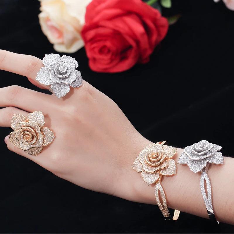 Luxury Cubic Zirconia Large Geometric Flower Women Wedding Party Rings and Bangle Jewelry Set - WELLQHOME