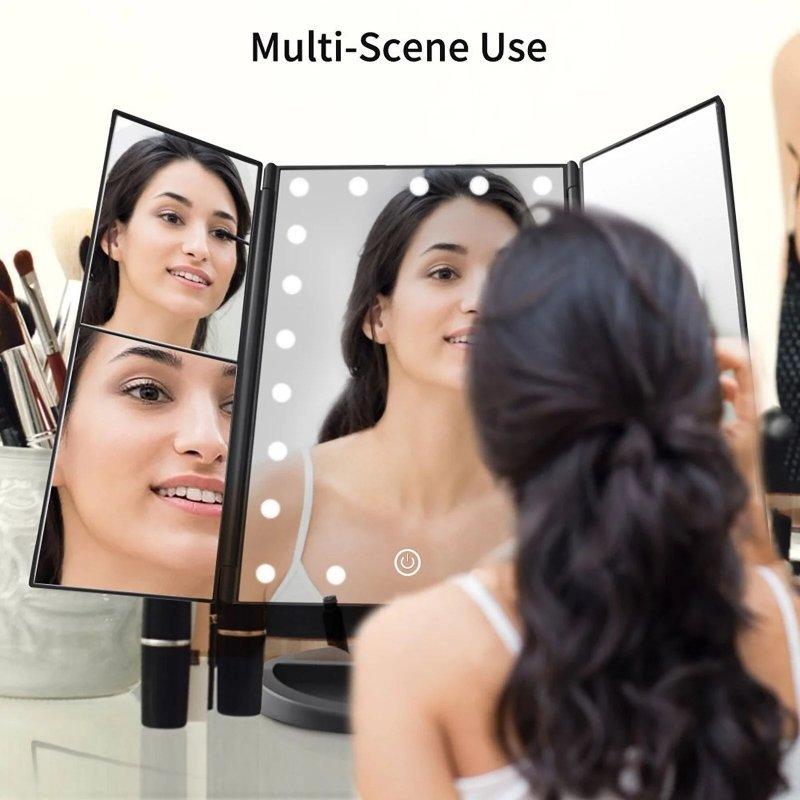 Tri-fold Lighted Vanity Makeup Mirror with 3x/2x/1x Magnification - WELLQHOME